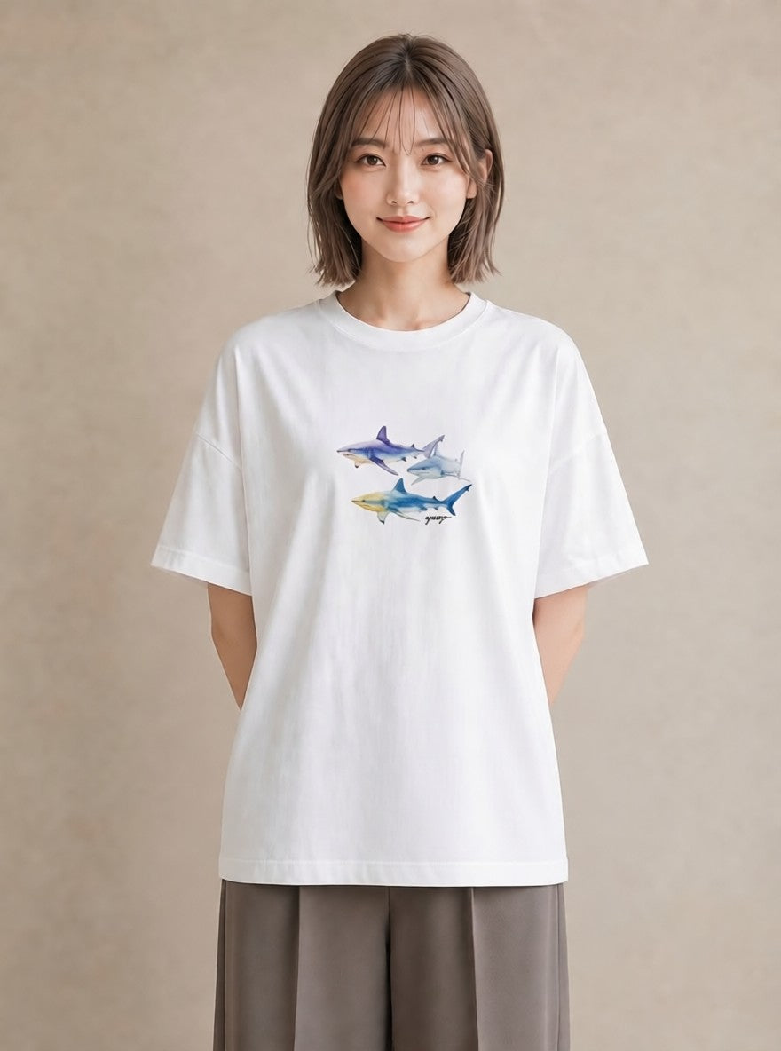 Tシャツ レディース ジンベエザメ 海の生き物 海 イラスト ユニーク 公園 ママ 白T