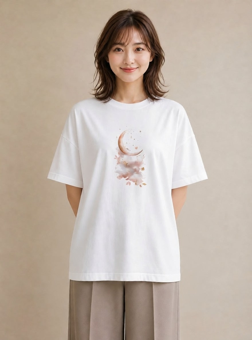半袖Tシャツ レディース 星空 宇宙 イラスト カフェコーデ ラフ レイヤード 白T