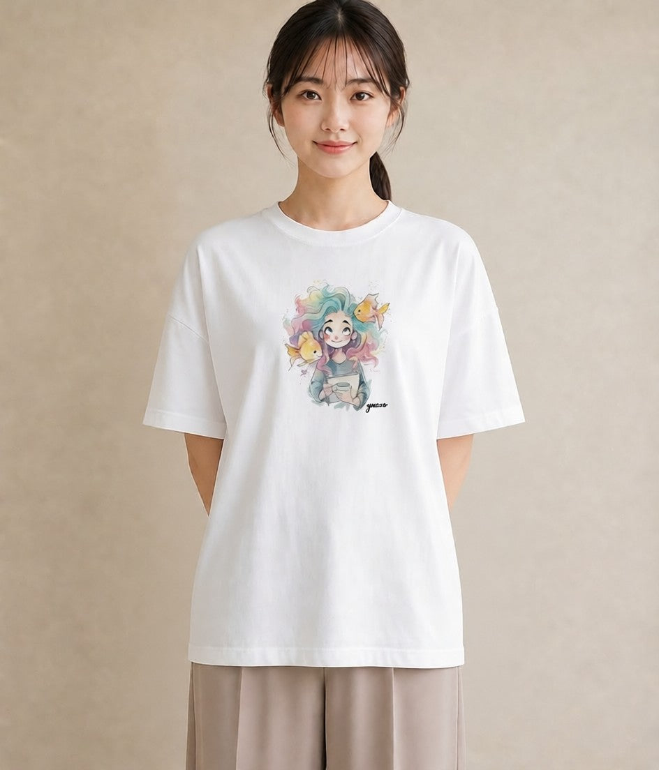 グラフィックTシャツ レディース 人魚 海の生き物 海 イラスト ガーリー 普段着 週末コーデ 白T