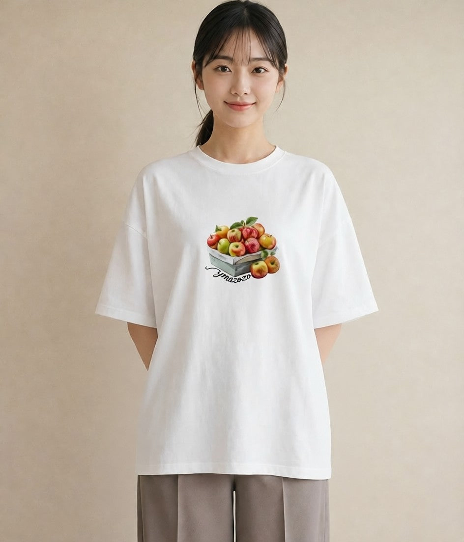 半袖Tシャツ レディース りんご 林檎 アップル 食べ物 フード イラスト こなれ感 女性 旅行用 白T