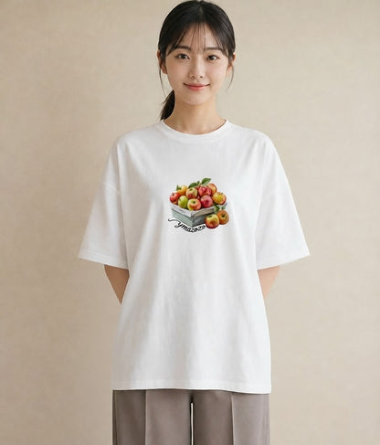 半袖Tシャツ レディース りんご 林檎 アップル 食べ物 フード イラスト こなれ感 女性 旅行用 白T