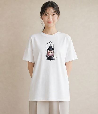 半袖Tシャツ レディース 街灯 夜霧 夜 ナチュラル アンティーク イラスト レトロ レイヤード 友達ギフト 白T