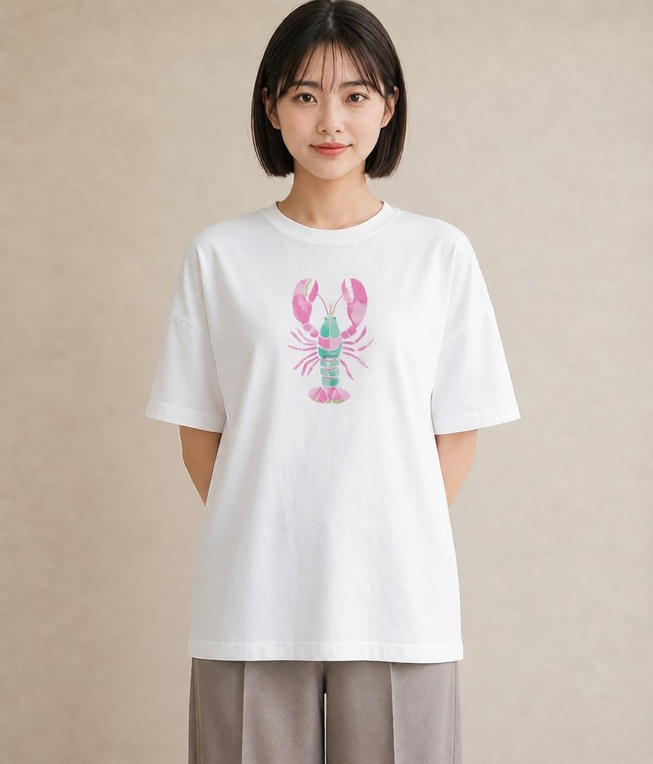 半袖Tシャツ レディース エビ 海の生き物 海 イラスト 北欧風 帰省 ラフ 白T
