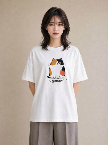 半袖Tシャツ レディース ニャンコ 猫 ねこ イラスト フェミニン 秋コーデ おしゃれギフト 白T
