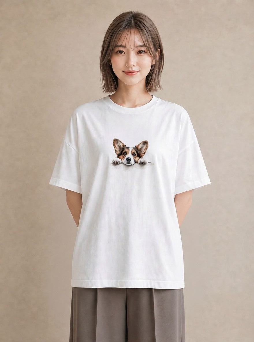 デザインTシャツ レディース ウェルシュコーギー コーギー 犬 いぬ イラスト ゆるコーデ おしゃれギフト 社会人 白T
