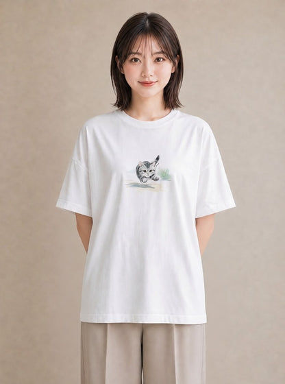 Tシャツ レディース 子猫 猫 ねこ イラスト 抜け感 散歩 お出かけ 白T