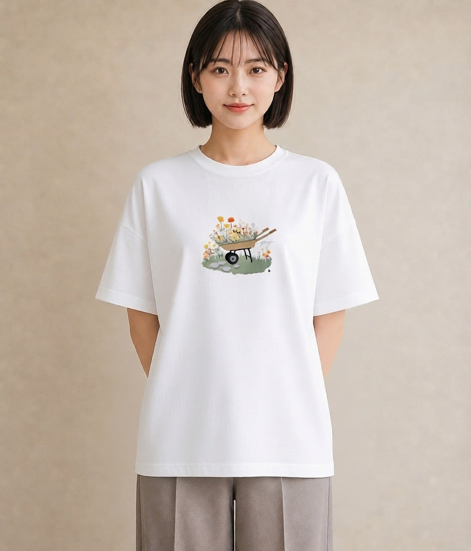 Tシャツ レディース 自転車のかご 自転車 花かご ナチュラル アンティーク イラスト 休日コーデ 綿100 デート 白T