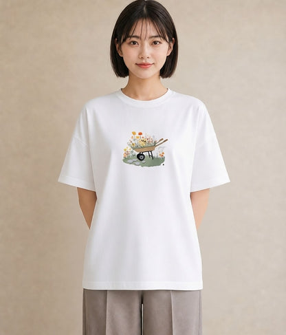 Tシャツ レディース 自転車のかご 自転車 花かご ナチュラル アンティーク イラスト 休日コーデ 綿100 デート 白T
