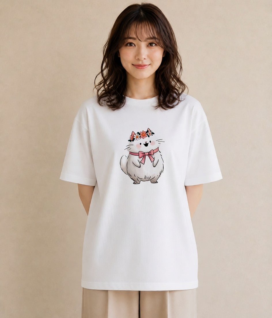 デザインTシャツ レディース 白猫 猫 ねこ イラスト レトロ カフェ巡り 女子会 白T