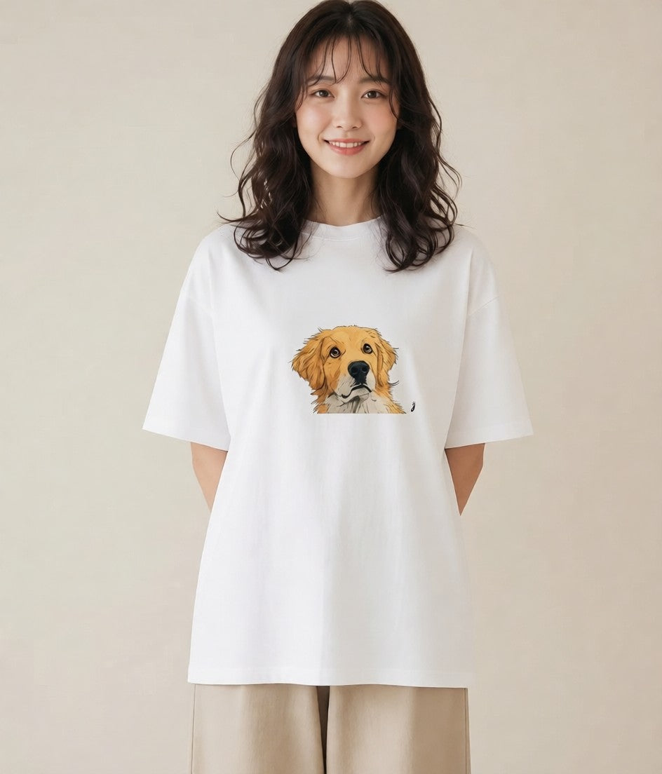 半袖Tシャツ レディース ゴールデンレトリバー ゴールデン 犬 いぬ イラスト レトロ 綿100 デート 白T