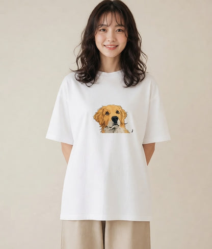 半袖Tシャツ レディース ゴールデンレトリバー ゴールデン 犬 いぬ イラスト レトロ 綿100 デート 白T