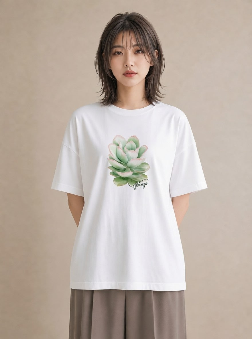 プリントTシャツ レディース 多肉植物 植物 ボタニカル イラスト 淡色 ビーチ デイリーウェア 白T