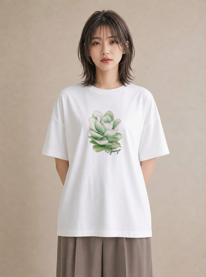 プリントTシャツ レディース 多肉植物 植物 ボタニカル イラスト 淡色 ビーチ デイリーウェア 白T