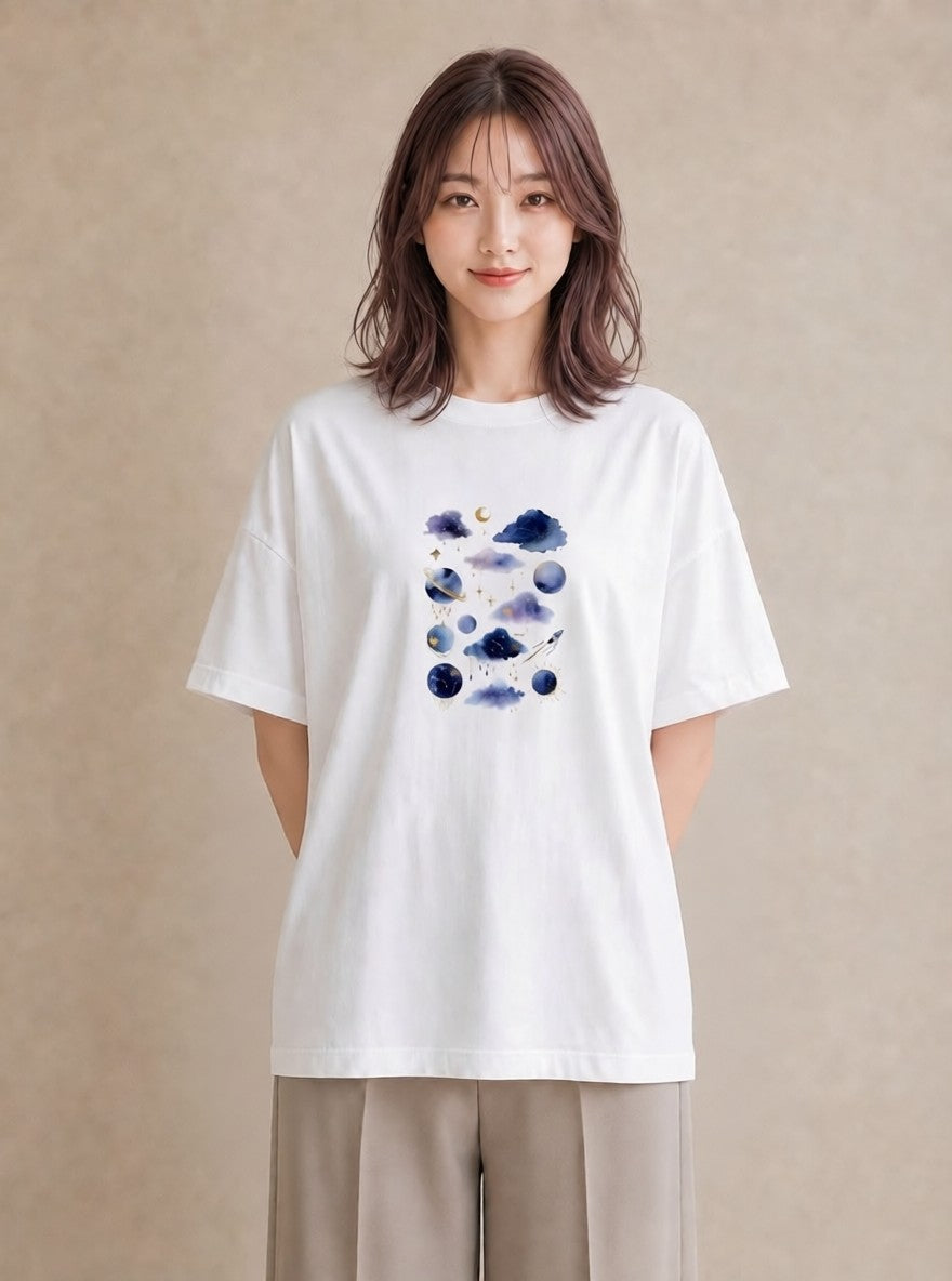 グラフィックTシャツ レディース 蟹座 星空 宇宙 イラスト カフェコーデ 旅行 母娘コーデ 白T