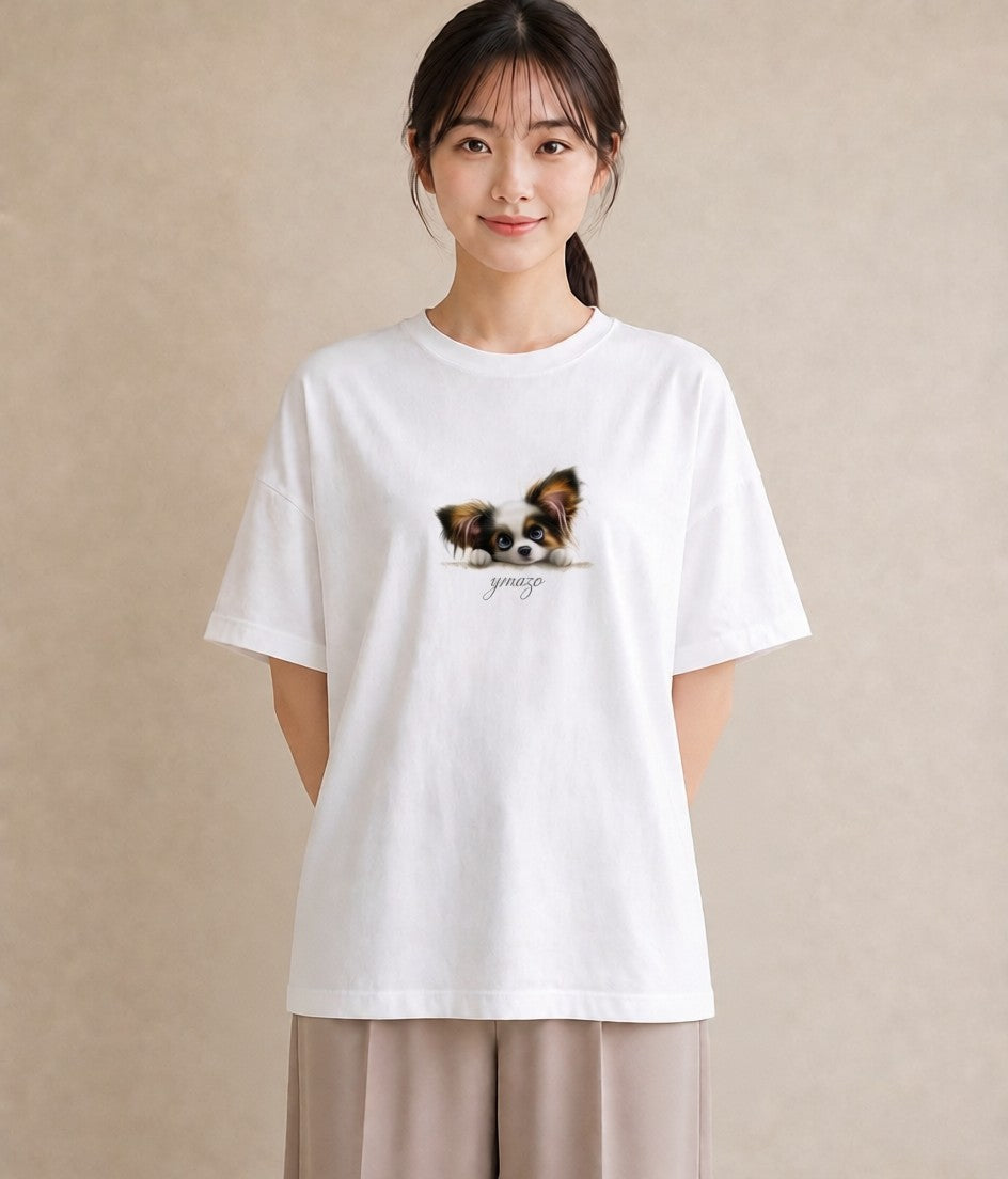 プリントTシャツ レディース パピヨン 犬 いぬ イラスト アート風 夏コーデ 通学 白T
