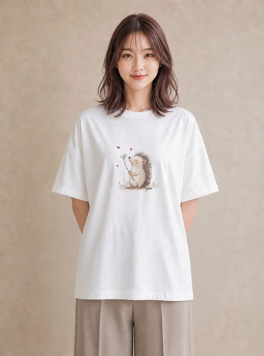 グラフィックTシャツ レディース ハリネズミ ペット 動物 イラスト アート風 レイヤード 友達ギフト 白T