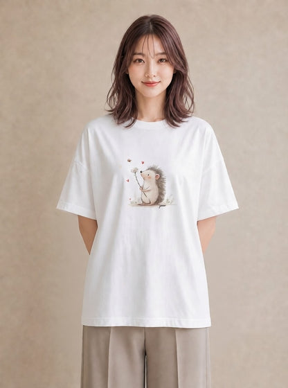 グラフィックTシャツ レディース ハリネズミ ペット 動物 イラスト アート風 レイヤード 友達ギフト 白T