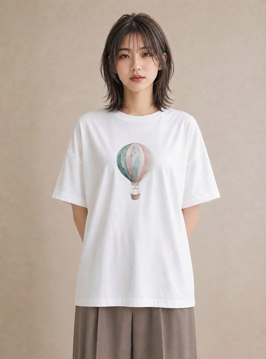 Tシャツ レディース 気球 星空 宇宙 イラスト ミニマル カフェ服 クリスマス 白T