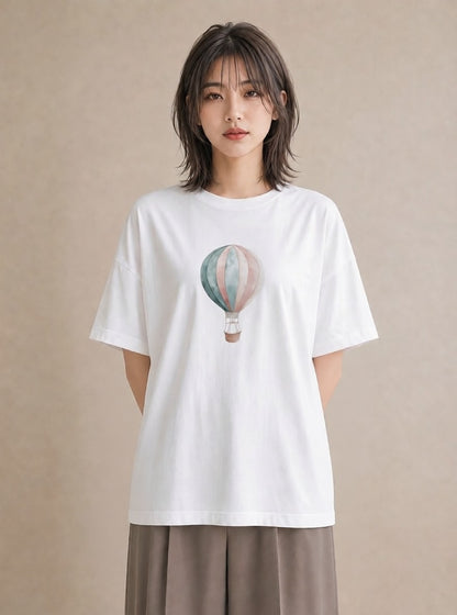 Tシャツ レディース 気球 星空 宇宙 イラスト ミニマル カフェ服 クリスマス 白T