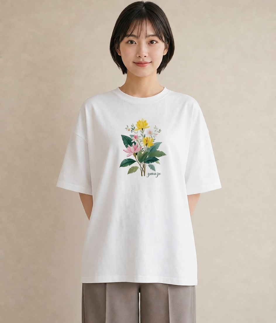 デザインTシャツ レディース 蓮 花 花柄 イラスト レトロ 部屋着 女性向けギフト 白T