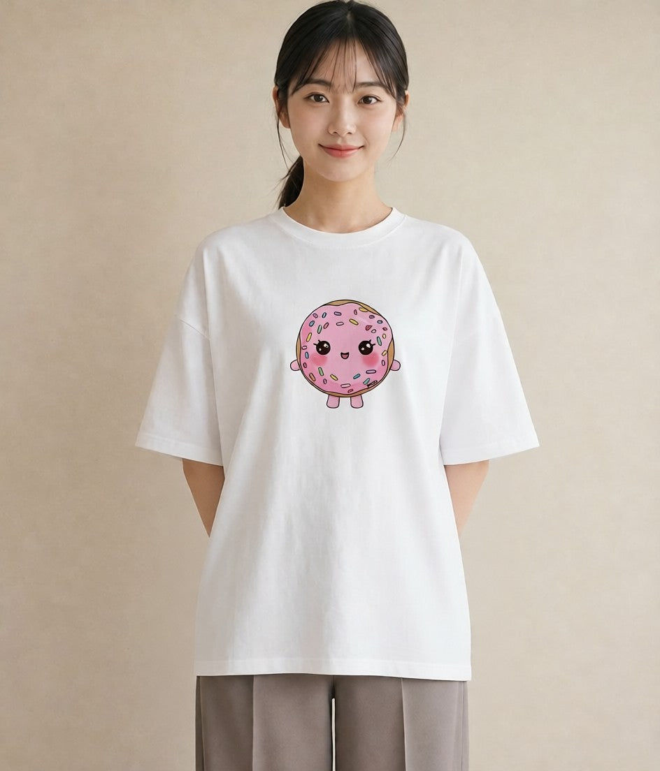 グラフィックTシャツ レディース ドーナツ 食べ物 フード イラスト 淡色 20代 カジュアルコーデ 白T