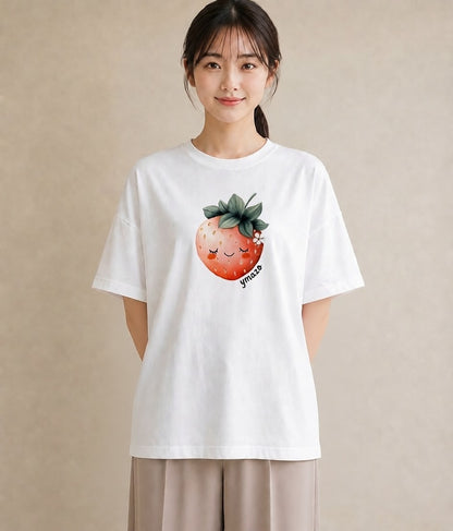 グラフィックTシャツ レディース いちご 苺 ストロベリー 食べ物 フード イラスト 淡色 レイヤード 友達ギフト 白T
