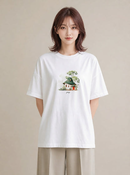 半袖Tシャツ レディース 遠い家と鳥 風景 鳥 ナチュラル アンティーク イラスト カフェコーデ 部屋着 女性向けギフト 白T