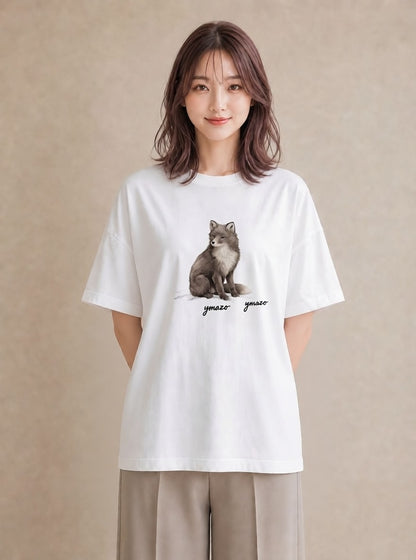 プリントTシャツ レディース きつね 動物 アニマル イラスト ナチュラル 送別ギフト 通勤 白T