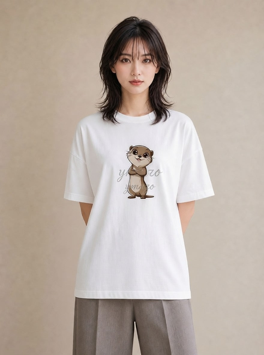 グラフィックTシャツ レディース カワウソ 動物 アニマル イラスト きれいめカジュアル ラフ レイヤード 白T