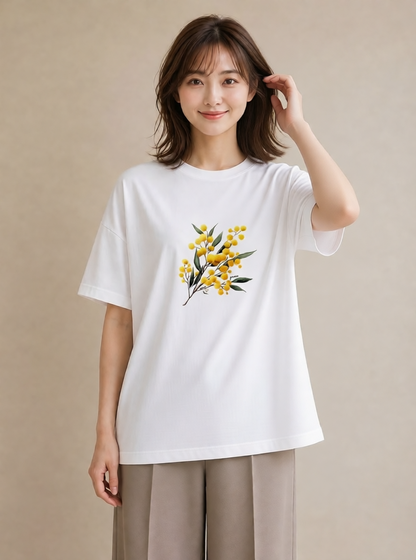 半袖Tシャツ レディース ミモザ 花 花柄 イラスト レトロ 誕生日プレゼント 綿100 白T