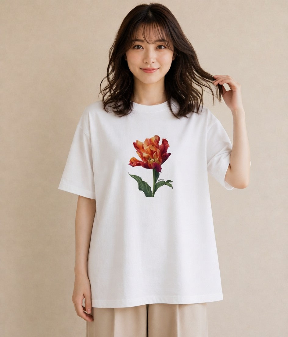 Tシャツ レディース チューリップ 花 花柄 イラスト 線画 ママ カフェ服 白T