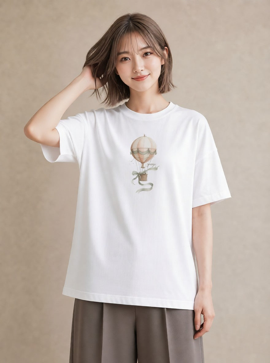 プリントTシャツ レディース 紙風船 和紙 ナチュラル アンティーク イラスト きれいめカジュアル 夏コーデ 通学 白T
