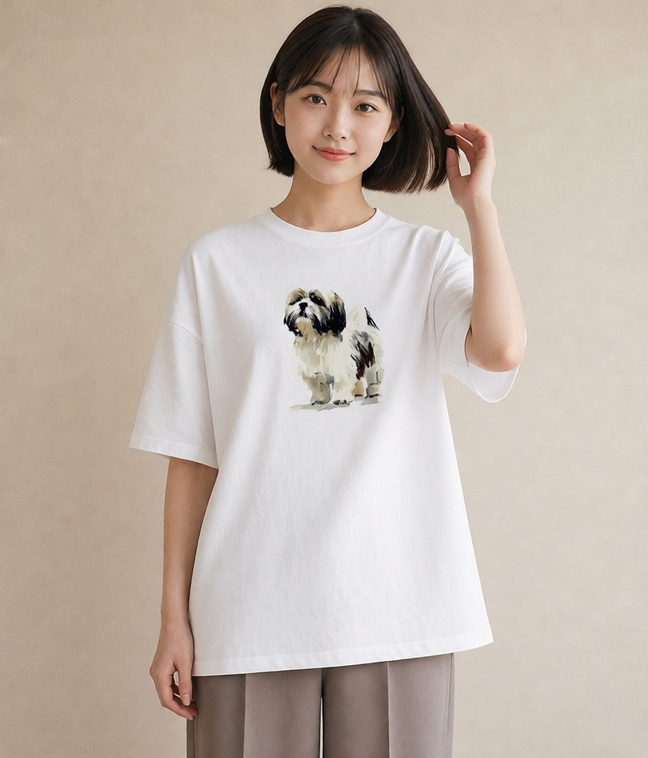 プリントTシャツ レディース 狆 犬 いぬ イラスト ナチュラル 送別ギフト 通勤 白T