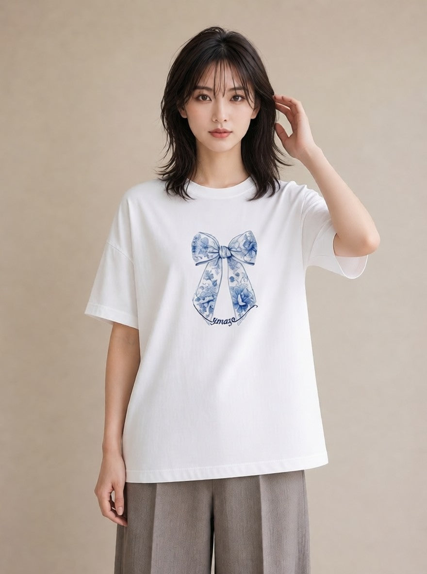 プリントTシャツ レディース レースハンカチ レース ハンカチ ナチュラル アンティーク イラスト 淡色 友達ギフト 部屋着 白T