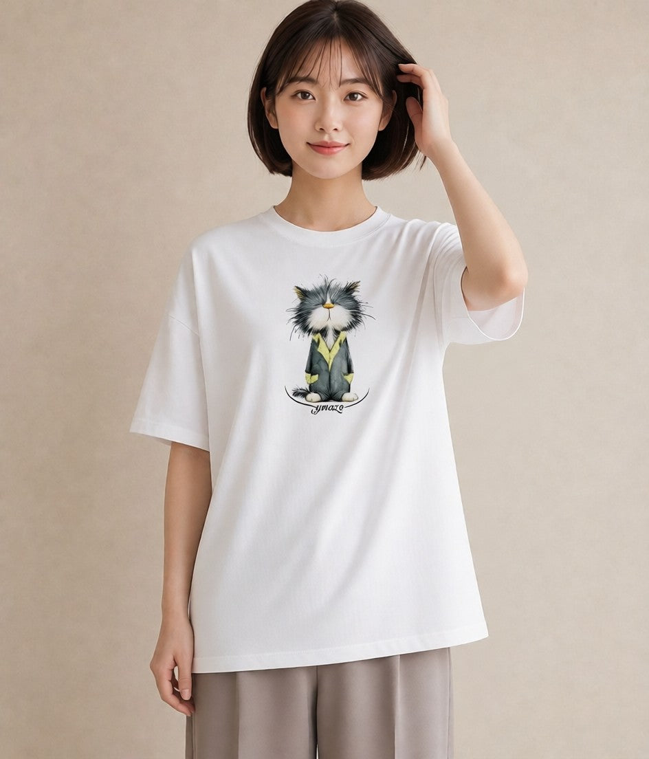 プリントTシャツ レディース ハチワレ 白黒猫 猫 ねこ イラスト シンプル ペアコーデ 秋コーデ 白T