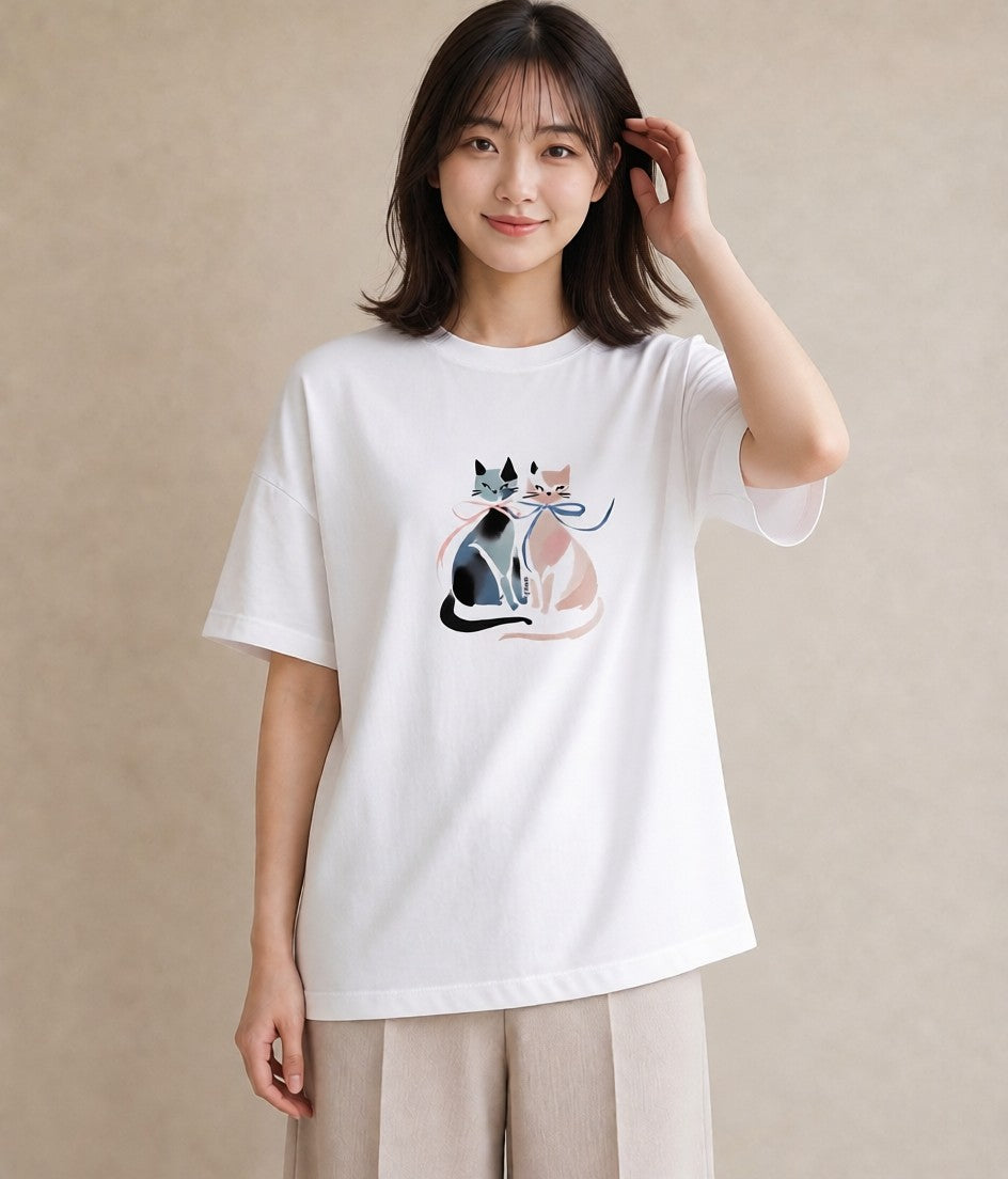 デザインTシャツ レディース ハチワレ 白黒猫 猫 ねこ イラスト 在宅 公園 白T