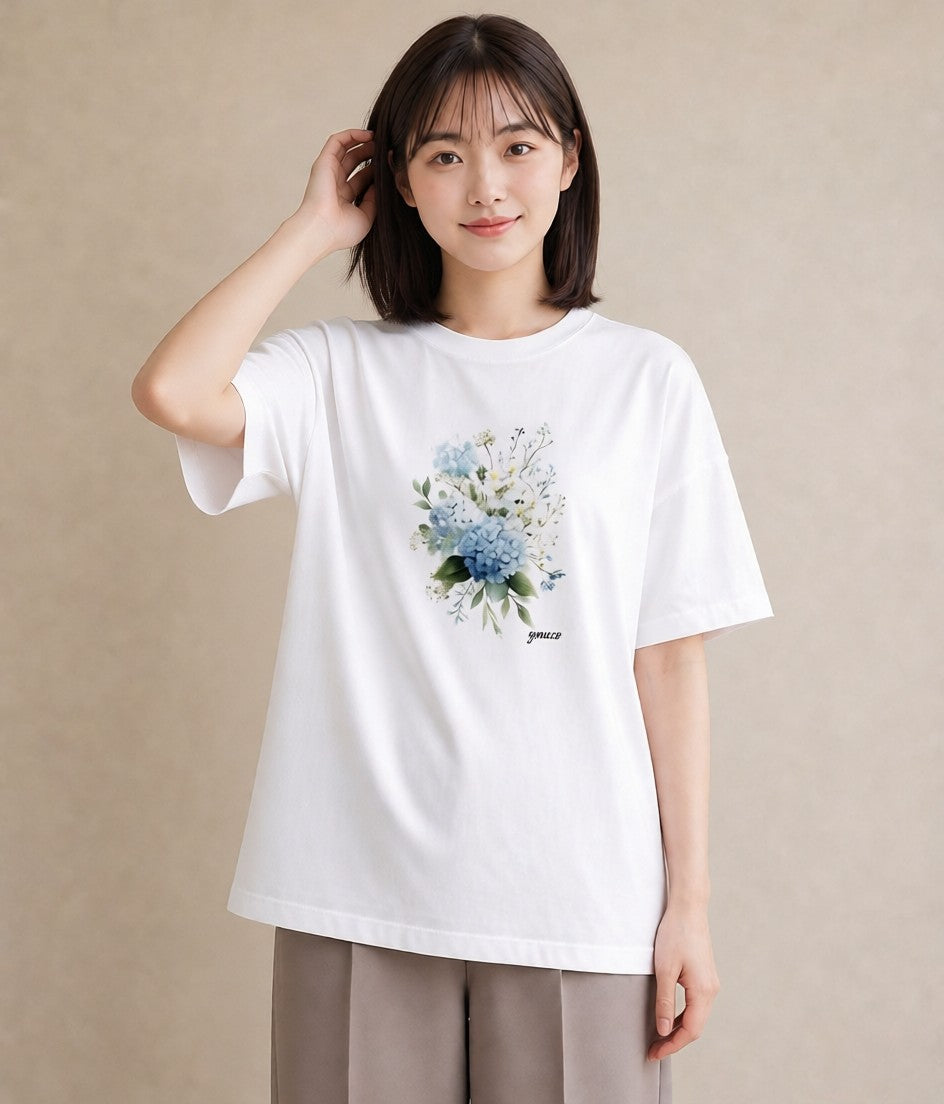Tシャツ レディース あじさい 紫陽花 アジサイ 花 花柄 イラスト こなれ感 帰省 ラフ 白T