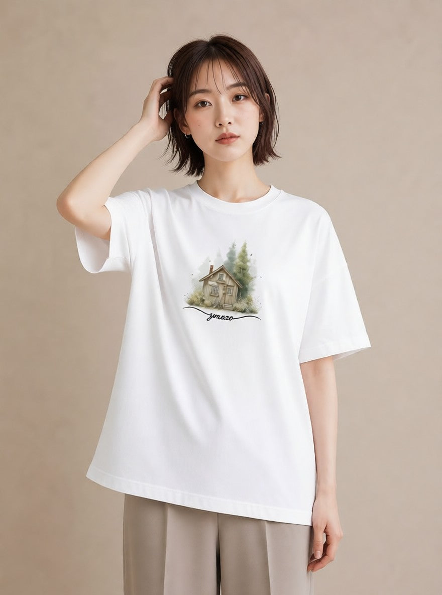 Tシャツ レディース 湖畔の小屋 湖 小屋 ナチュラル アンティーク イラスト ラフ 普段着 週末コーデ 白T