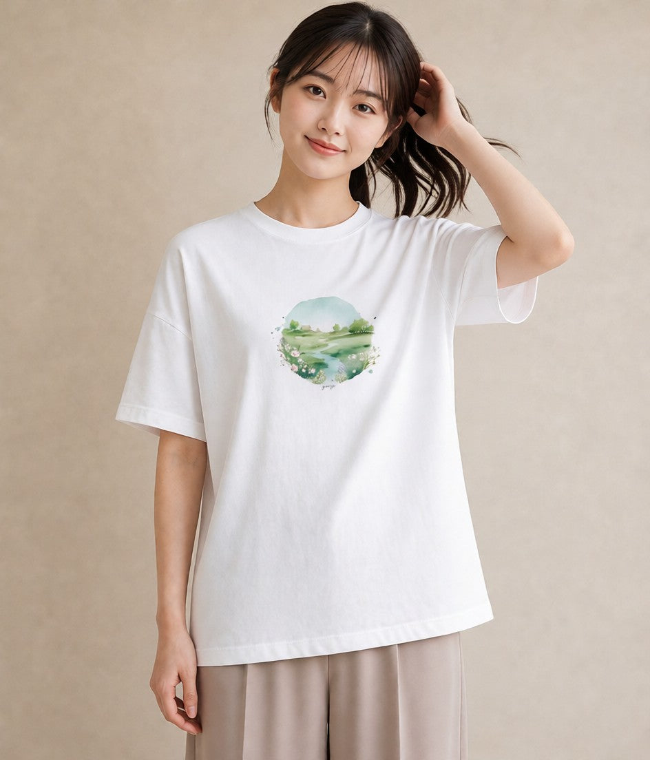 グラフィックTシャツ レディース 小川 橋 せせらぎ ナチュラル アンティーク イラスト アート風 母の日 ビーチ 白T