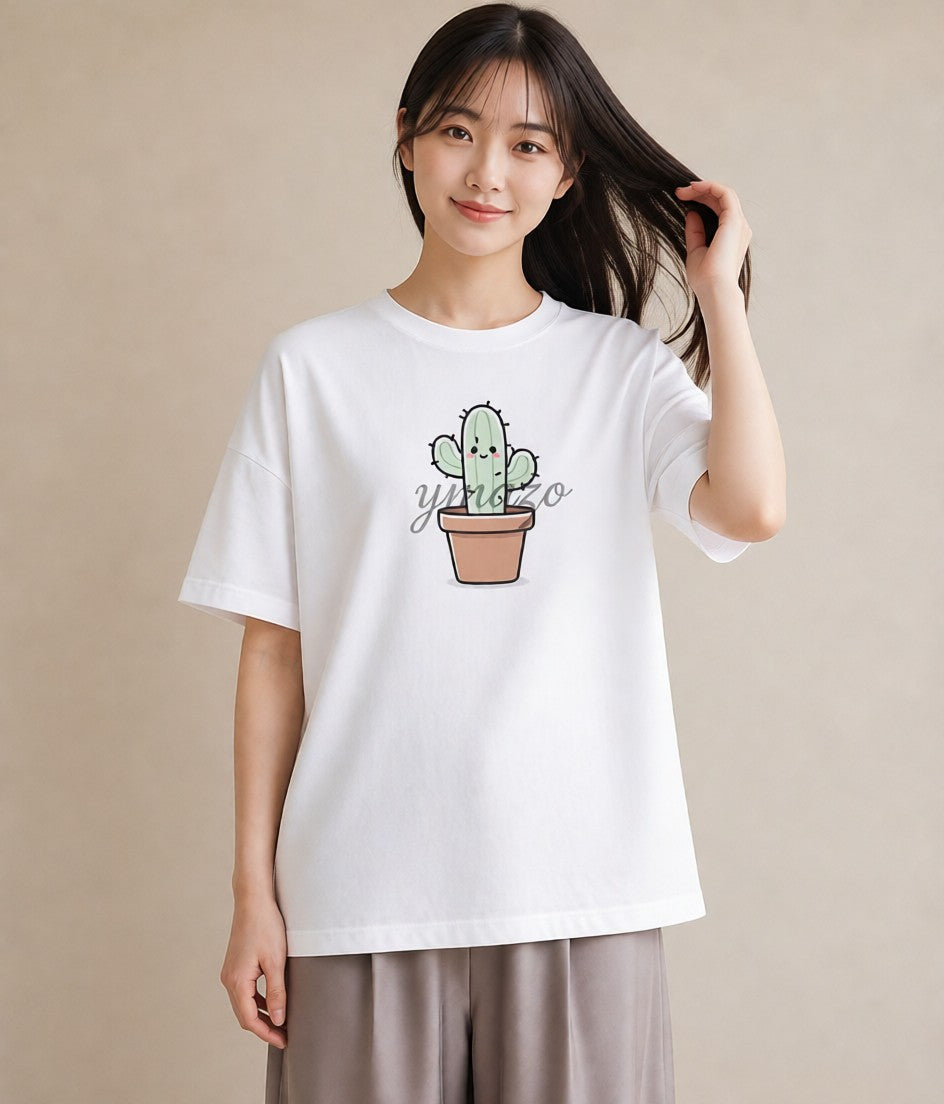 デザインTシャツ レディース サボテン 植物 ボタニカル イラスト 普段使い 休日 ペアコーデ 白T