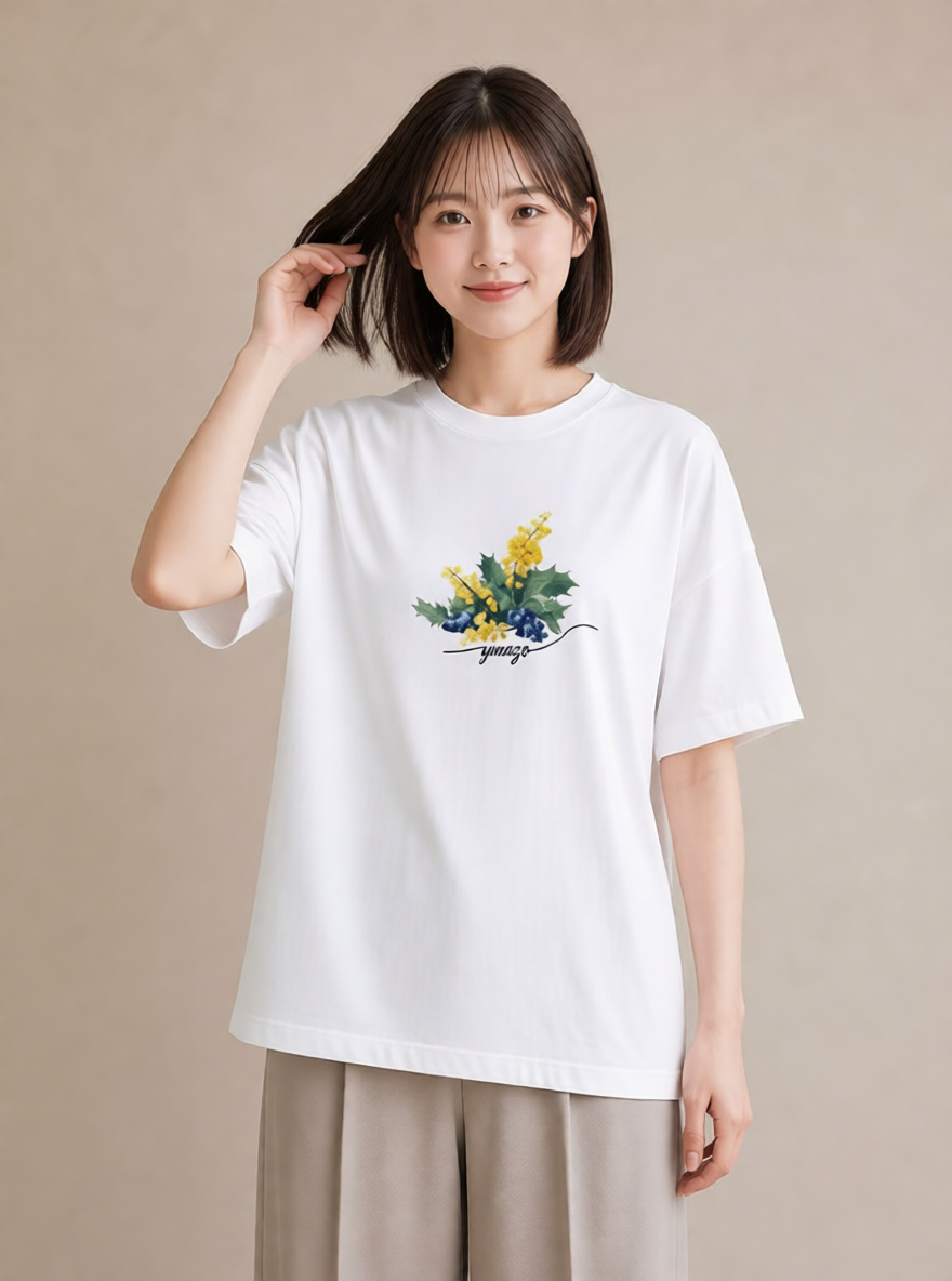 半袖Tシャツ レディース ミモザ 花 花柄 イラスト ユニーク 女性向けギフト 散歩 白T