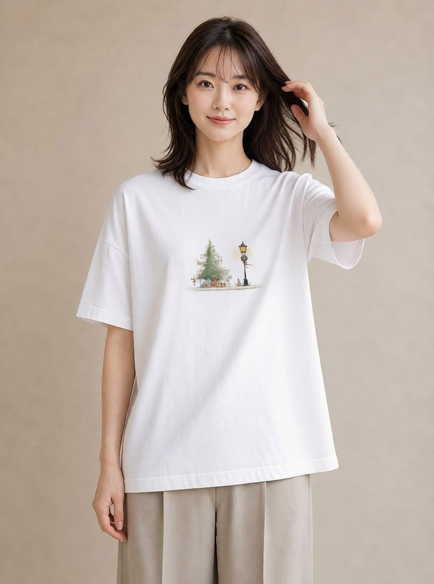 Tシャツ レディース 街灯 夜霧 夜 ナチュラル アンティーク イラスト フェミニン デイリーウェア 休日 白T
