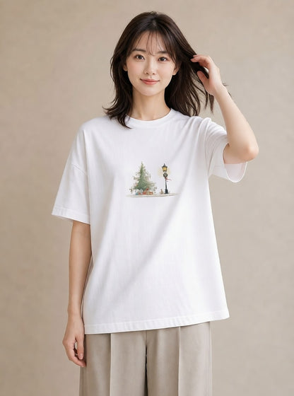 Tシャツ レディース 街灯 夜霧 夜 ナチュラル アンティーク イラスト フェミニン デイリーウェア 休日 白T