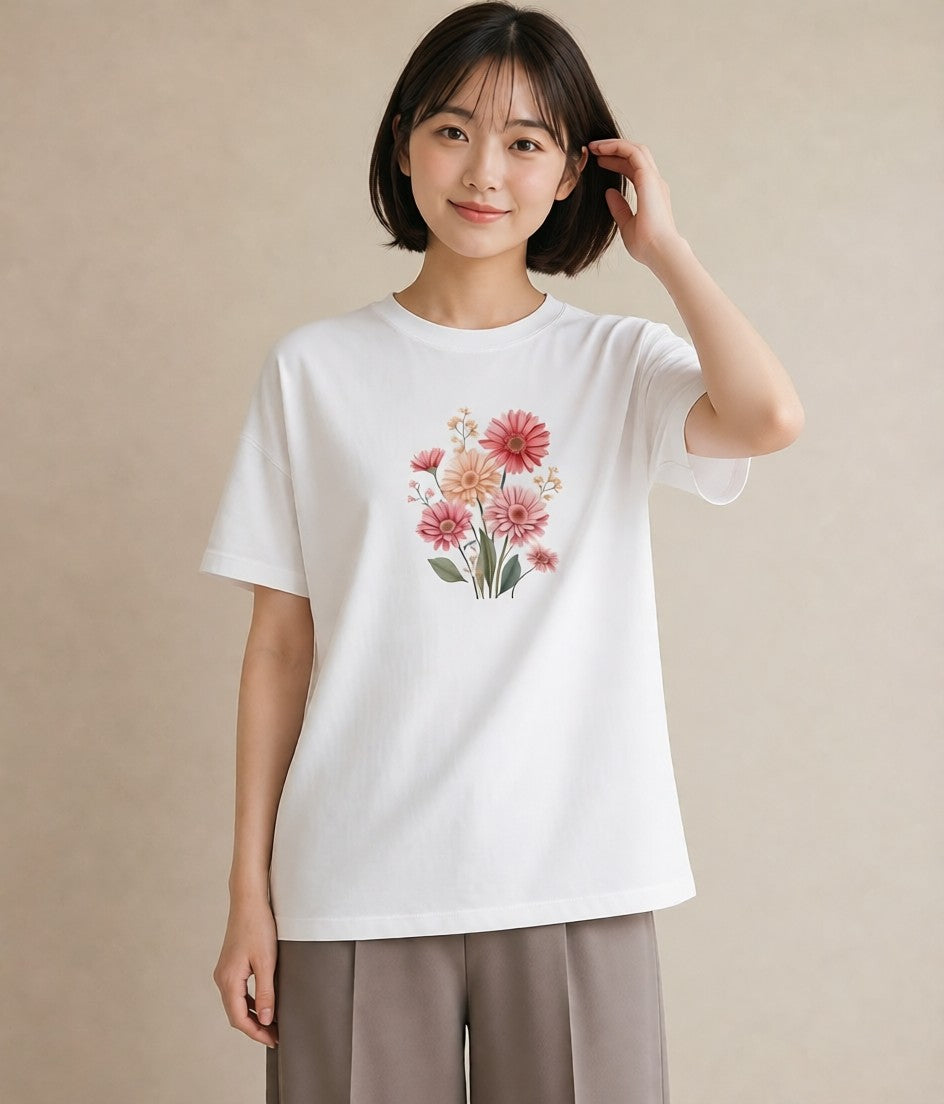 プリントTシャツ レディース マーガレット 花 花柄 イラスト ラフ 休日 ペアコーデ 白T