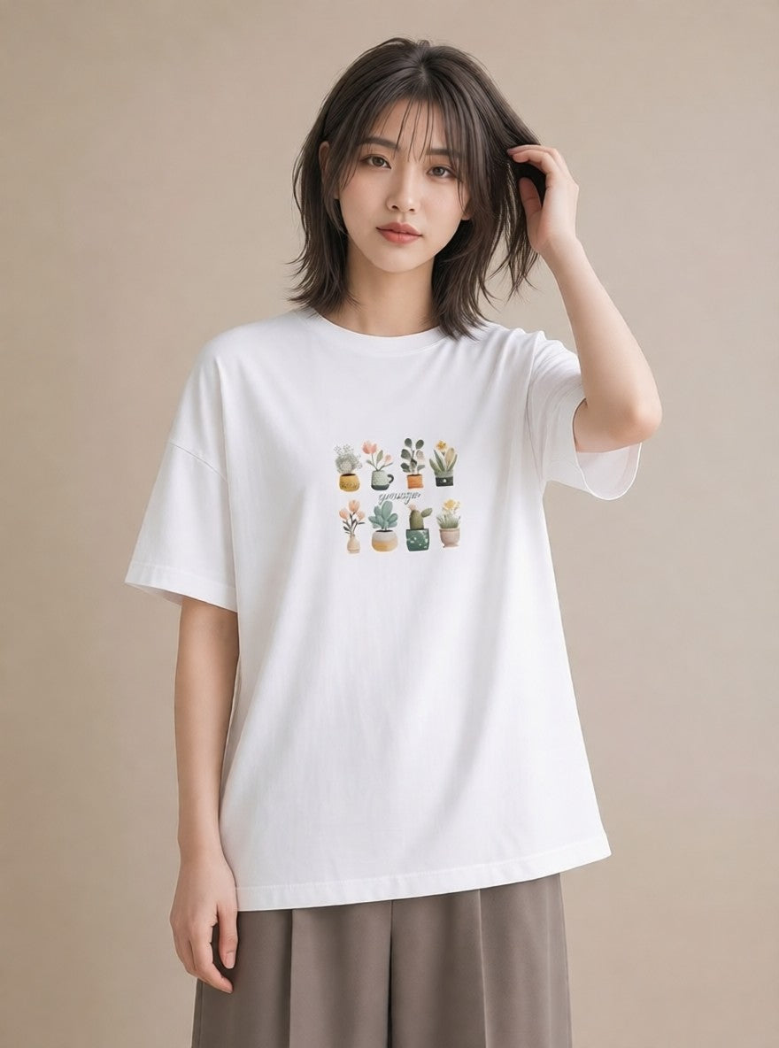 グラフィックTシャツ レディース 観葉植物 植物 ボタニカル イラスト 韓国風 おしゃれギフト 社会人 白T