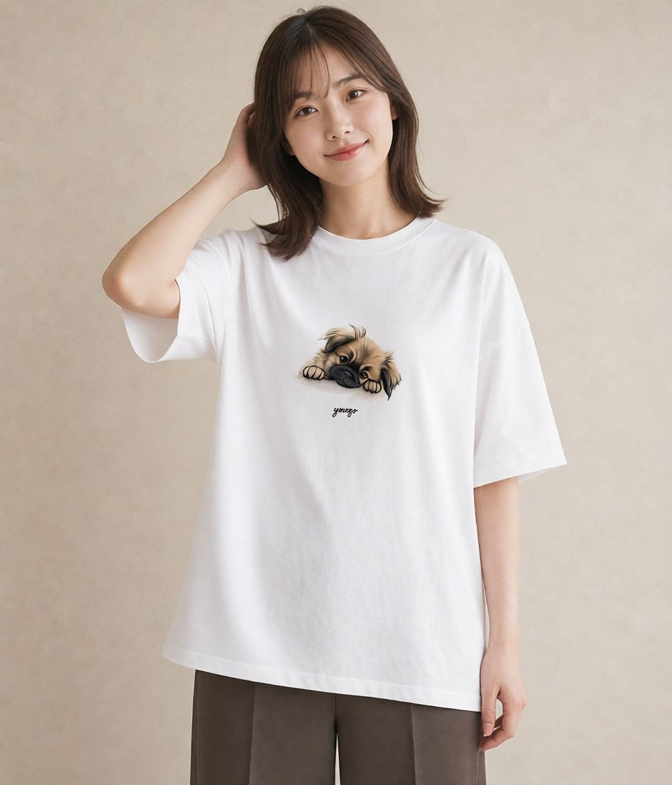 グラフィックTシャツ レディース 狆 犬 いぬ イラスト 普段使い デート 帰省 白T