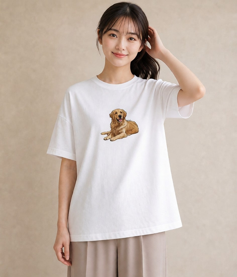デザインTシャツ レディース ゴールデンレトリバー ゴールデン 犬 いぬ イラスト きれいめカジュアル ママ カフェ服 白T