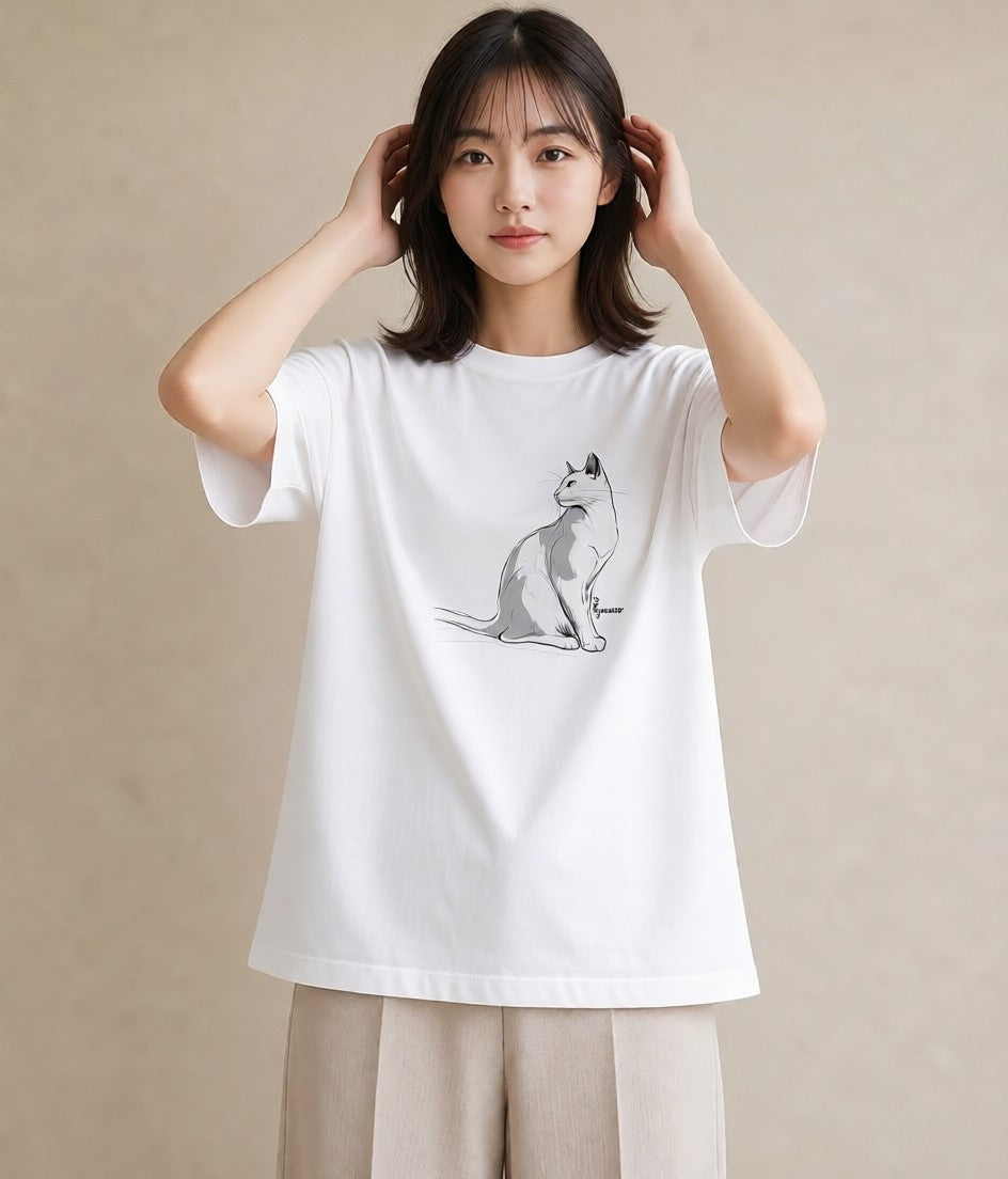 半袖Tシャツ レディース 白猫 猫 ねこ イラスト 抜け感 海 カフェ巡り 白T