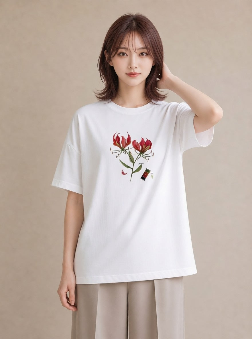 グラフィックTシャツ レディース 彼岸花 花 花柄 イラスト こなれ感 普段着 週末コーデ 白T