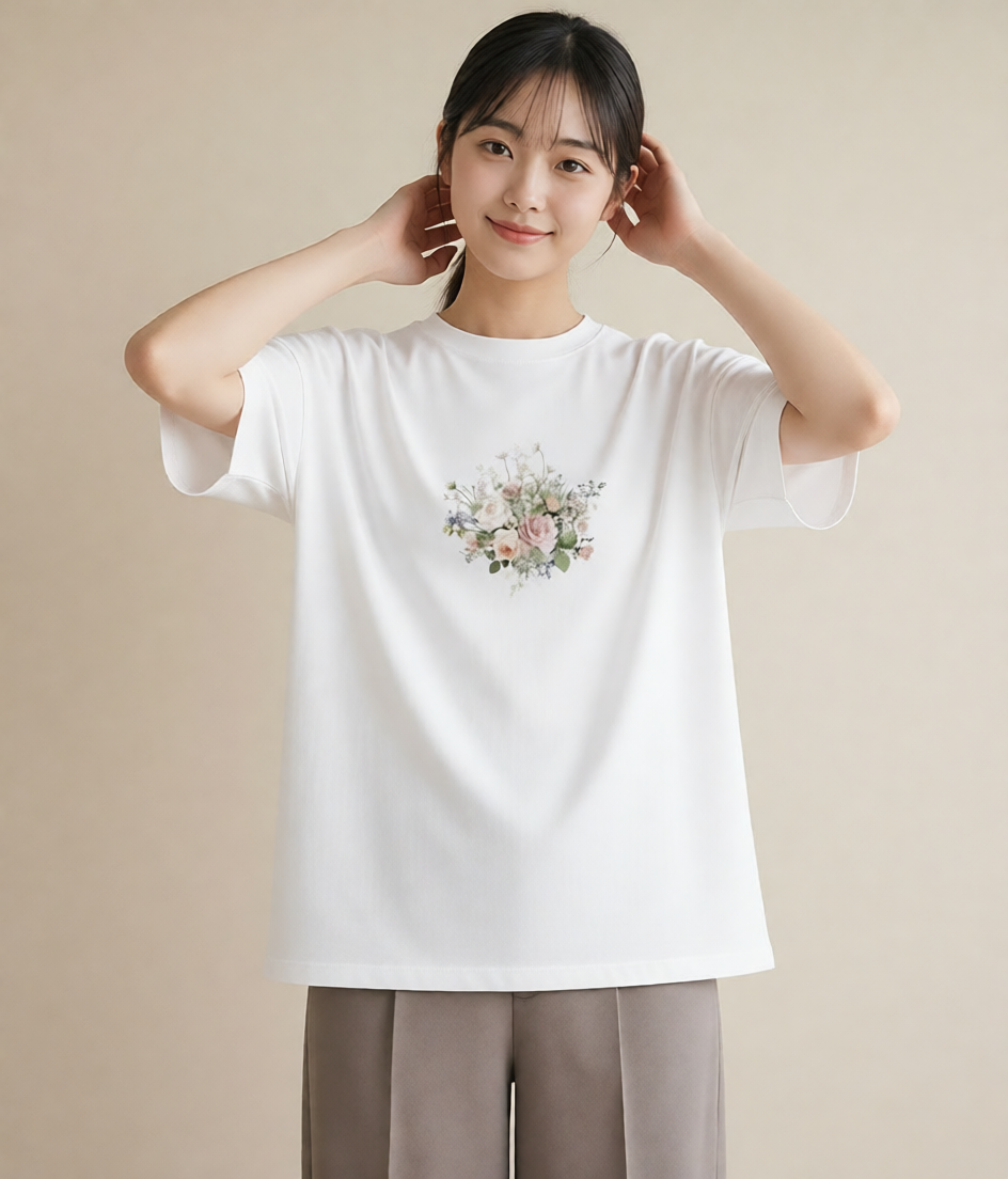 半袖Tシャツ レディース 花 花柄 イラスト ルームウェア ギフト 白T
